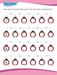 Addition and subtraction worksheet, addition for preschool and kindergarten, Solve and write activity. Count and write worksheet