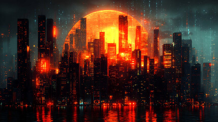 Obraz premium An expansive cityscape basks in a radiant glow as buildings tower reflected in waters below beneath a darkened sky