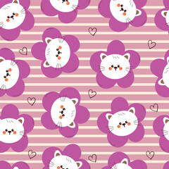 seamless pattern cartoon white cat head inside purple flower. cute animal pattern for wallpaper, background and gift wrap paper