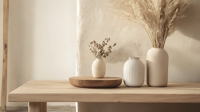 Serene arrangement of neutral-toned vases and dried botanicals on a wooden surface