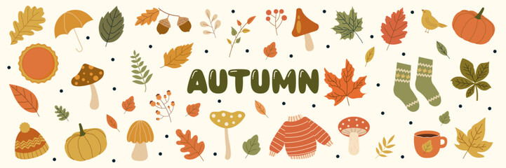 Cozy autumn elements collection. Hand drawn fall leaves, pumpkins, mushrooms, sweater, socks, umbrella and Seasonal Items. Cute autumn doodle.