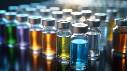 Colorful vials filled with liquids in a row, reflecting on a dark surface.