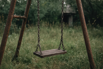 swing hangs from rusty frame field of tall grass, evoking sense of nostalgia and reflecting great moments despite depression