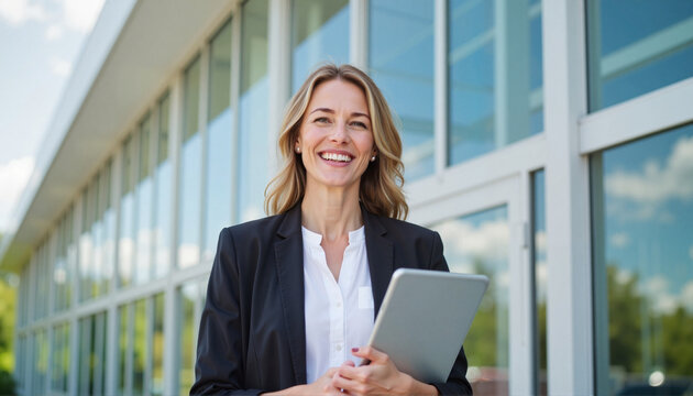 Businesswoman smiling with a tablet outside a modern office building  