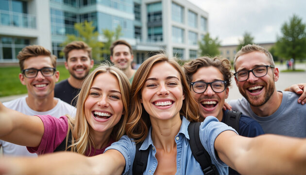 Group of interns smiling and posing for a selfie outside campus  