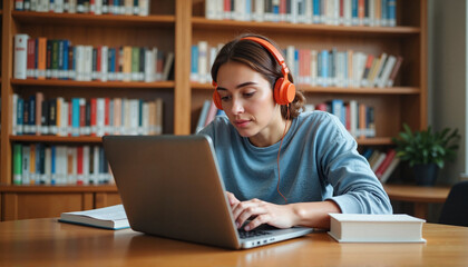 Young woman studying focused at a laptop in a library  
