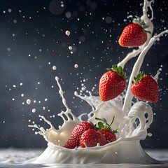 Fresh strawberries captured mid-splash in vibrant detail and motion
