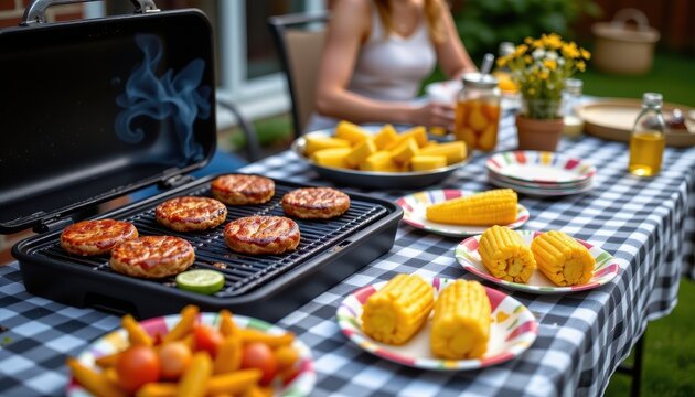 Backyard BBQ setup with grilled burgers corn on the cob and festive paper plates summertime family celebration food photography
