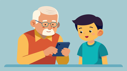 A young boy sitting next to his grandfather teaching him how to use the camera feature on a smartphone to take and edit photos.. Vector illustration