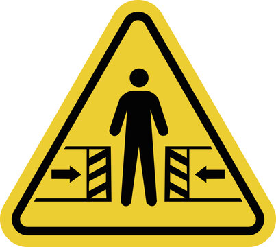 Sign danger of crushing. Risk of crushing between moving objects. Movable mechanisms. Mechanisms with automatic closing. Warning yellow triangle road sign.