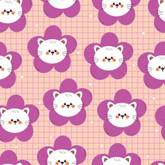 Obraz premium seamless pattern cartoon white cat head inside purple flower. cute animal pattern for wallpaper, background and gift wrap paper