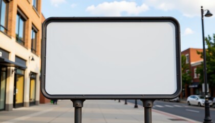 Fototapeta premium Blank metal street sign on urban sidewalk daytime clear sky background city signage mockup urban marketing template