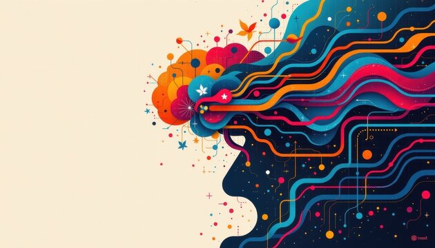 Minimalist artwork of abstract brain lines flowing upward mental growth clarity creative mind symbolism