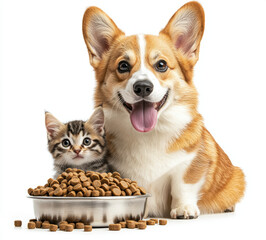 Obraz premium corgi puppy and kitten sit happily next to bowl of pet food, showcasing their adorable companionship