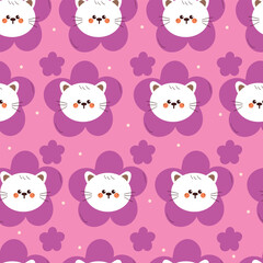 seamless pattern cartoon white cat head inside purple flower. cute animal pattern for wallpaper, background and gift wrap paper