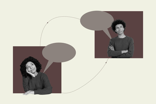 Poster collage of people contact with connect mind clouds on pastel background