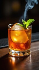 Smoky whiskey cocktail served with ice, orange slice, and fresh mint in a lowball glass — a bold, aromatic drink perfect for evening indulgence.