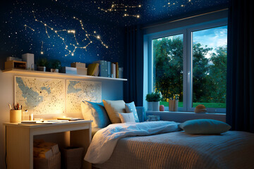 dreamy desk with star projector and constellation maps,