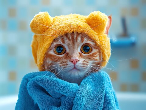 Adorable Cat in Yellow Hooded Towel After Bath