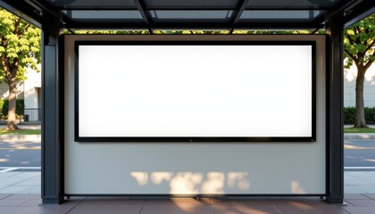 Fototapeta premium Blank signage on wall at public bus stop shelter city transport navigation and communication layout