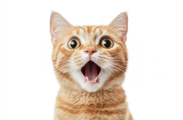 Obraz premium surprised ginger cat with wide eyes and open mouth on white background