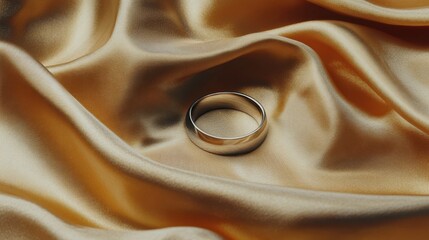A classic silver ring placed on silky pale gold cloth in warm studio lighting