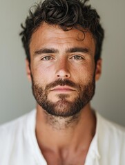 Fototapeta premium Close-up portrait of a man's face. he has a full beard and mustache, and his hair is styled in a messy, curly manner. he is looking directly at the camera with a serious expression on his face.