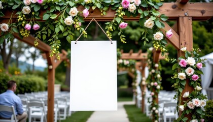 Blank signage hanging from wooden pergola at outdoor wedding venue decorated with flowers romantic scene
