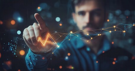 Focused individual interacts with futuristic data visualization.  Dynamic graphical representation of evolving trends.  Emerging technology and analysis concept