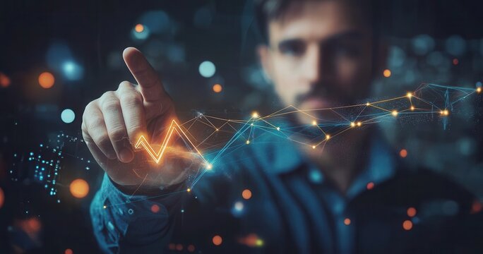 Focused individual interacts with futuristic data visualization.  Dynamic graphical representation of evolving trends.  Emerging technology and analysis concept