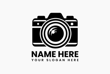 Sleek black camera silhouette with subtle lens details, modern photography logo for studios and professionals