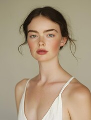 Close-up portrait of a young woman's face and upper body. she is wearing a white tank top with thin straps and her hair is styled in loose waves.