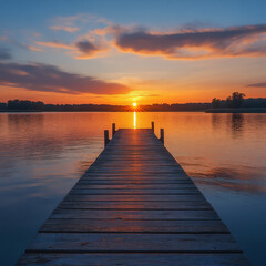 Obraz premium empty dock leading to a sunset over a calm lake (summer),