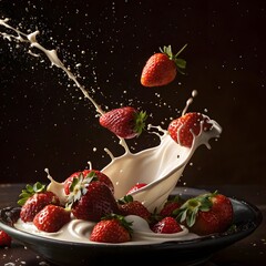 Fresh strawberries captured mid-splash in vibrant detail and motion