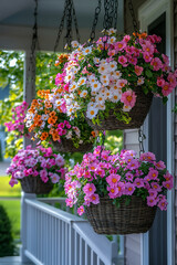 empty front porch with blooming hanging baskets (usa spring),