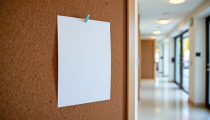 Blank paper flyer pinned to corkboard in bright hallway editorial community bulletin concept