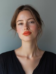 Close-up portrait of a young woman's face. she has shoulder-length blonde hair that is styled in loose waves and falls over her shoulders.