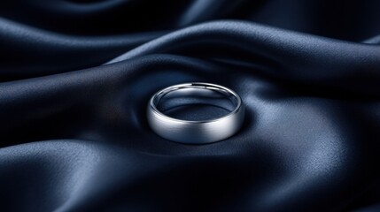 A shiny silver ring centered on dark navy silk fabric with elegant light reflections