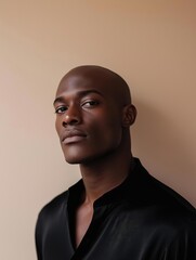 Obraz premium Portrait of a young african-american man. he is facing the camera with a serious expression on his face. he has a bald head and is wearing a black shirt. the background is a plain beige color.