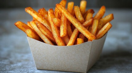 Crispy golden french fries in a paper container (1)
