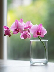 Glass vase with three pink orchid flowers in it. the vase is placed on a white surface with a window in the background, through which we can see greenery.