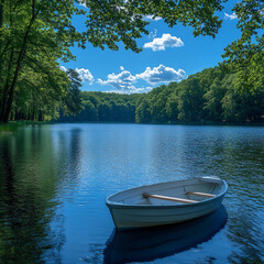 Obraz premium empty rowboat gently floating on a calm lake (summer),
