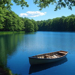 empty rowboat gently floating on a calm lake (summer),