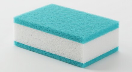 Close up of a turquoise and white cleaning sponge on white