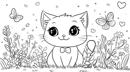 Obraz premium Cute kitten in flower garden, butterflies, hearts background; coloring page