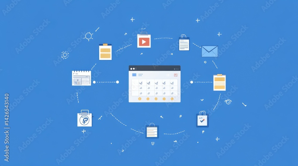 Poster flat graphic showing content funnel from ideation to scheduling with icons and tooltips
