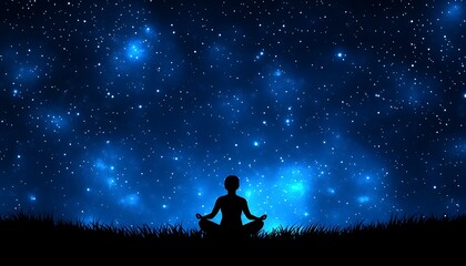 Silhouetted figure meditating under starry night sky