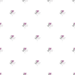 Seamless Floral Pattern with Purple Flowers and Leaves on White Background