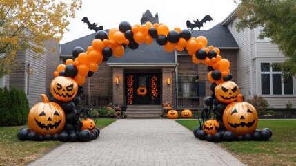 Balloon arch gate with Halloween-themed balloon faces in festive colors