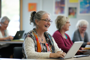 Tech savvy seniors participating in digital learning workshop using tablets at community center showcasing collaborative skill development and cheerful group education for mature active lifestyle